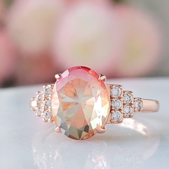 Oval cut peach and pink gemstone ring, 925 Sterling Silver, 18k rose gold - Picture 2 of 2